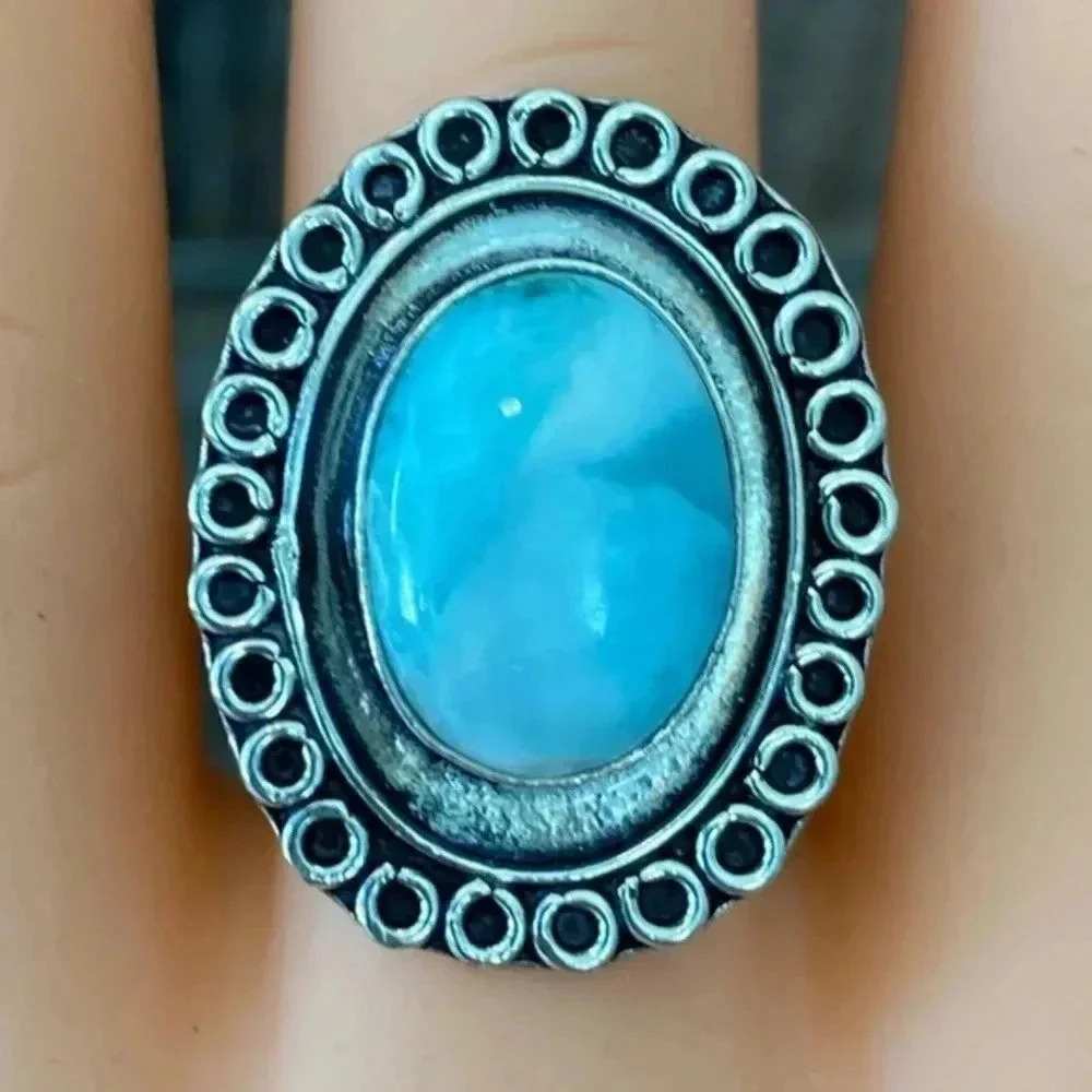 SIZE 8 Gorgeous Ornate Oval Authentic Larimar 925 Sterling Silver Ring NWT